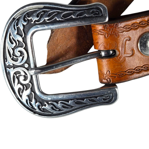 Jeremiah Watt Horse Shoe Buckle Belt Womens Large Leather Tooled Country Girl - Picture 2 of 9